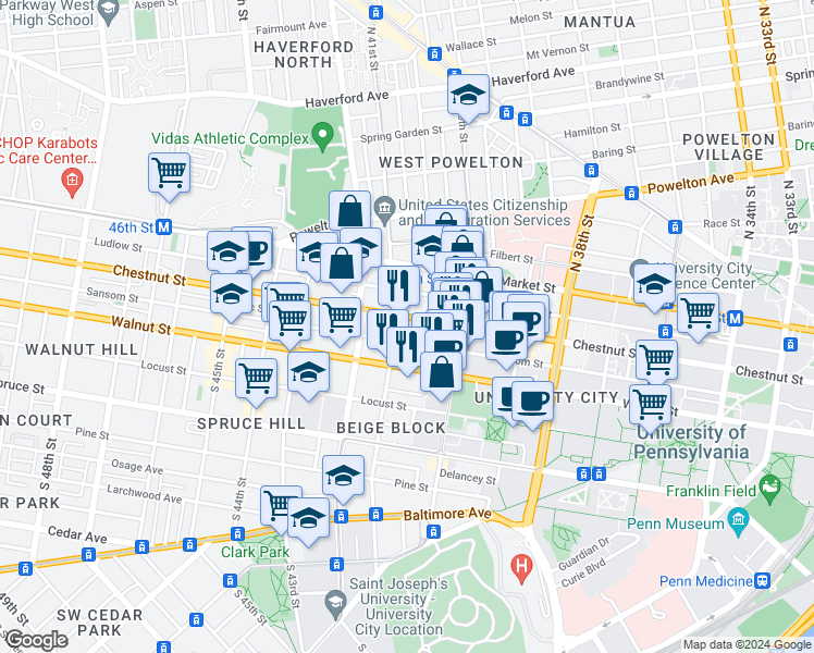 map of restaurants, bars, coffee shops, grocery stores, and more near 4044 Chestnut Street in Philadelphia