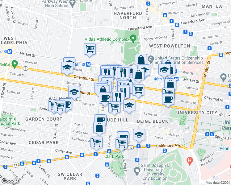 map of restaurants, bars, coffee shops, grocery stores, and more near 140 South 44th Street in Philadelphia