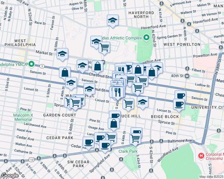 map of restaurants, bars, coffee shops, grocery stores, and more near 4528 Walnut Street in Philadelphia