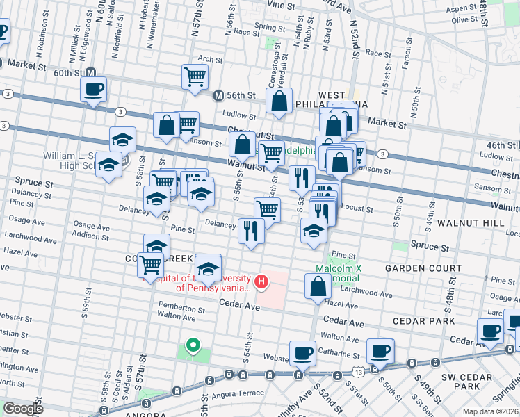 map of restaurants, bars, coffee shops, grocery stores, and more near 5441 Spruce Street in Philadelphia