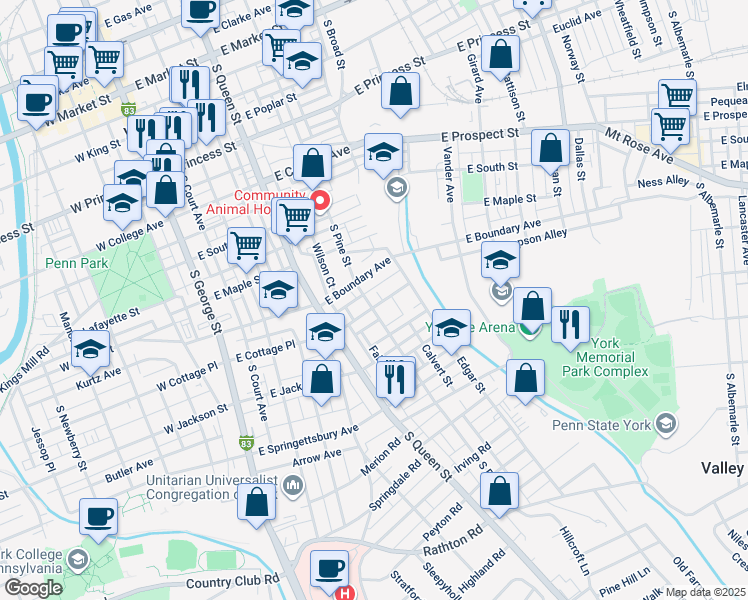 map of restaurants, bars, coffee shops, grocery stores, and more near 630 South Pine Street in York