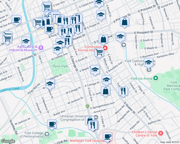 map of restaurants, bars, coffee shops, grocery stores, and more near 526 South Duke Street in York
