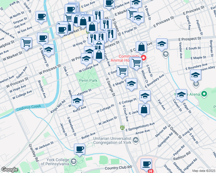 map of restaurants, bars, coffee shops, grocery stores, and more near 23 West Maple Street in York