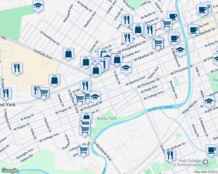 map of restaurants, bars, coffee shops, grocery stores, and more near in York