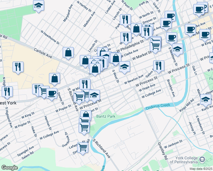 map of restaurants, bars, coffee shops, grocery stores, and more near in York