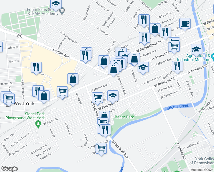 map of restaurants, bars, coffee shops, grocery stores, and more near 47 South Royal Street in York