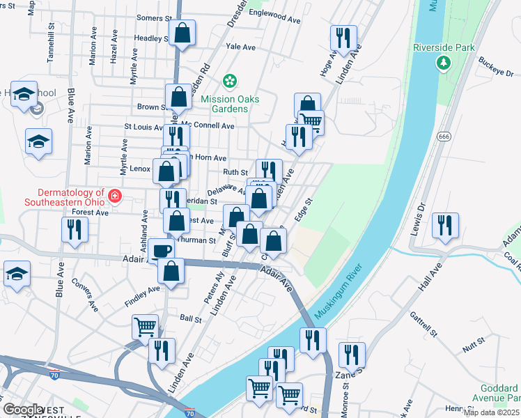 map of restaurants, bars, coffee shops, grocery stores, and more near 356 Sheridan Street in Zanesville