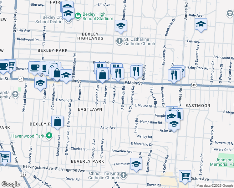 map of restaurants, bars, coffee shops, grocery stores, and more near 733 South Broadleigh Road in Columbus