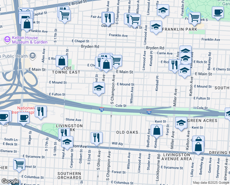 map of restaurants, bars, coffee shops, grocery stores, and more near 486 South Champion Avenue in Columbus