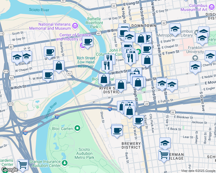 map of restaurants, bars, coffee shops, grocery stores, and more near 3050 West Main Street in Columbus