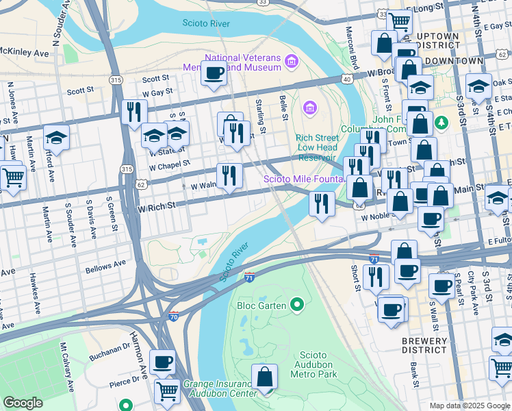 map of restaurants, bars, coffee shops, grocery stores, and more near 392 Trestle View Street in Columbus