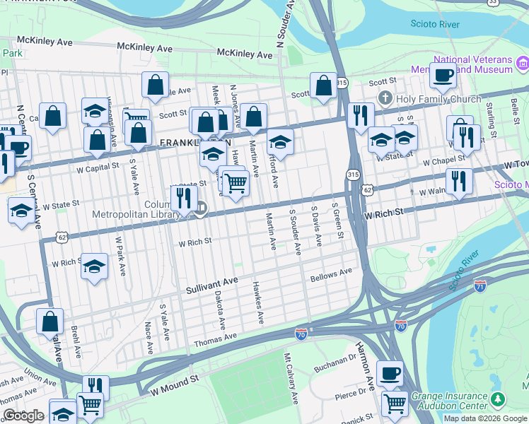 map of restaurants, bars, coffee shops, grocery stores, and more near 196 Martin Avenue in Columbus