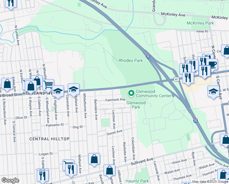 map of restaurants, bars, coffee shops, grocery stores, and more near 1945-1947 West Broad Street in Columbus