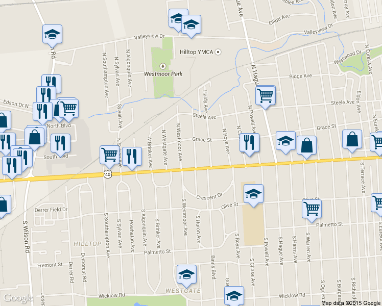 map of restaurants, bars, coffee shops, grocery stores, and more near 38 North Huron Avenue in Columbus