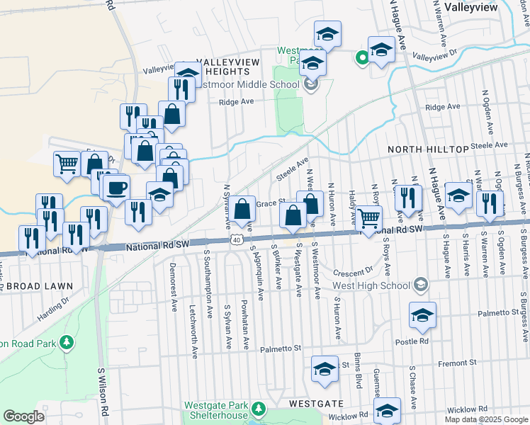 map of restaurants, bars, coffee shops, grocery stores, and more near 41 North Brinker Avenue in Columbus