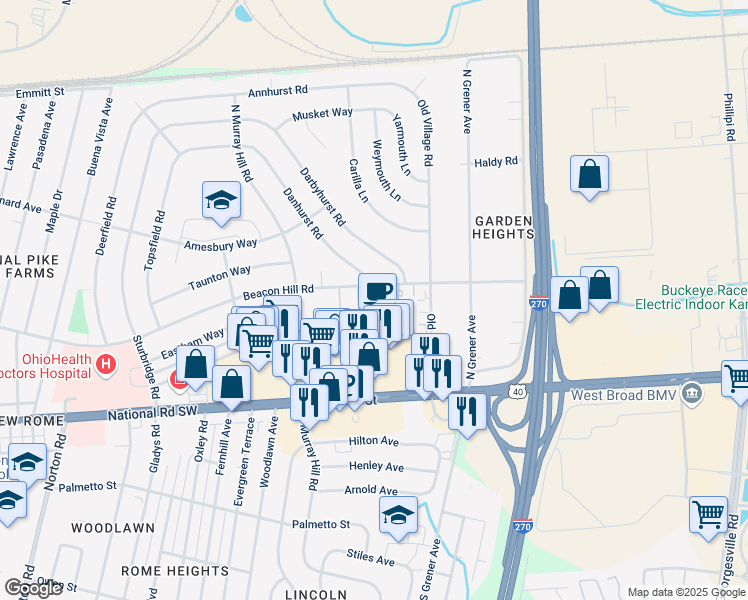 map of restaurants, bars, coffee shops, grocery stores, and more near 132 Tarryton Court East in Columbus