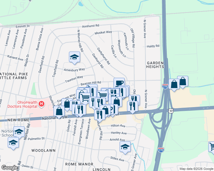 map of restaurants, bars, coffee shops, grocery stores, and more near 4785 Beacon Hill Road in Columbus