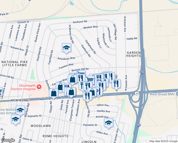 map of restaurants, bars, coffee shops, grocery stores, and more near 4785 Beacon Hill Road in Columbus