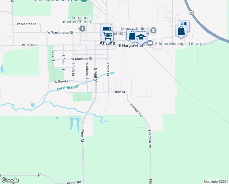 map of restaurants, bars, coffee shops, grocery stores, and more near 100-198 East Little Street in Athens