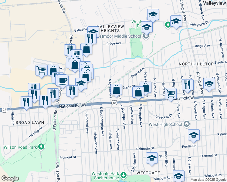 map of restaurants, bars, coffee shops, grocery stores, and more near 58 North Sylvan Avenue in Columbus