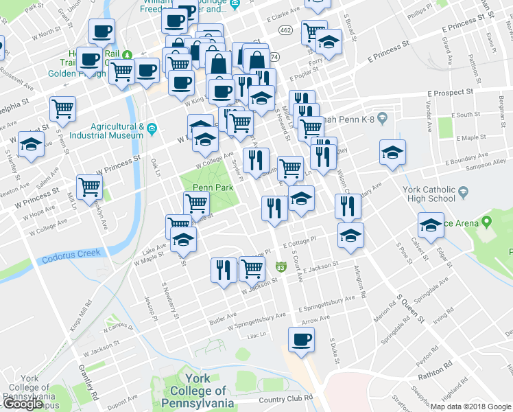 map of restaurants, bars, coffee shops, grocery stores, and more near 452 South George Street in York