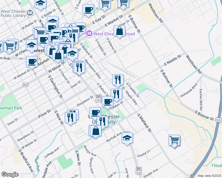 map of restaurants, bars, coffee shops, grocery stores, and more near 508 Keystone Alley in West Chester