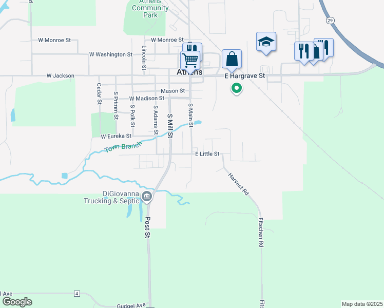 map of restaurants, bars, coffee shops, grocery stores, and more near 100 East Little Street in Athens