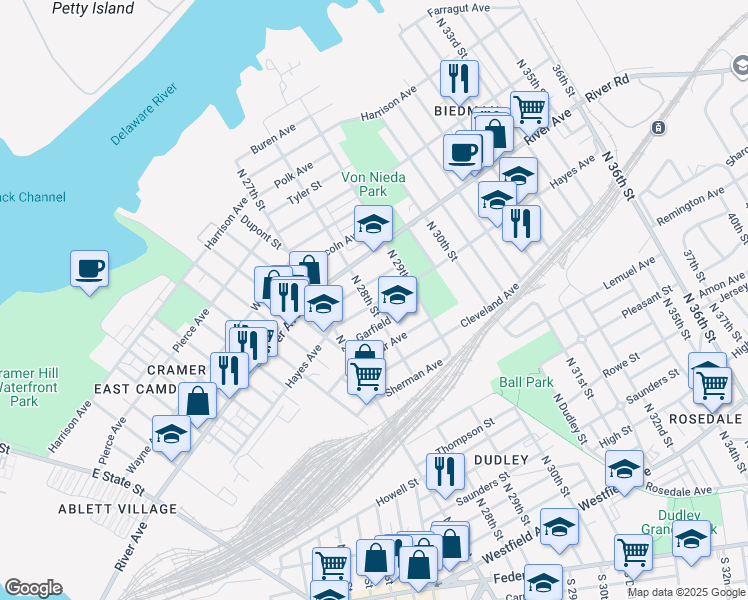 map of restaurants, bars, coffee shops, grocery stores, and more near 902 North 28th Street in Camden