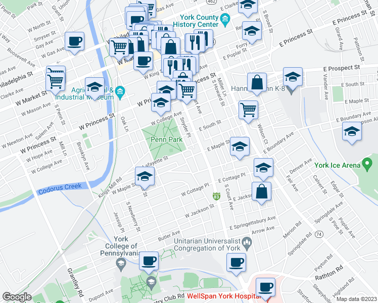 map of restaurants, bars, coffee shops, grocery stores, and more near 30 Lafayette Street in York