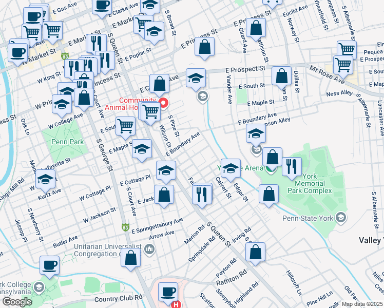 map of restaurants, bars, coffee shops, grocery stores, and more near 307 East Cottage Place in York