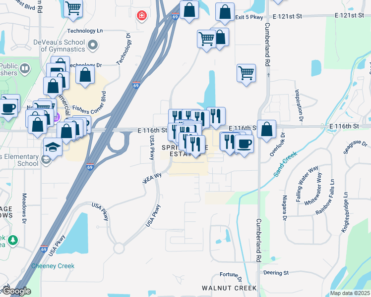 map of restaurants, bars, coffee shops, grocery stores, and more near 11549 Yard Street in Fishers
