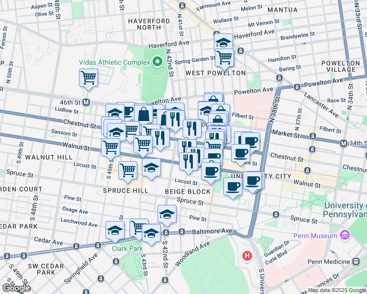 map of restaurants, bars, coffee shops, grocery stores, and more near 4100 Chestnut Street in Philadelphia