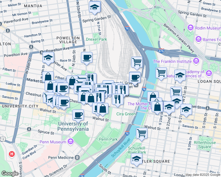 map of restaurants, bars, coffee shops, grocery stores, and more near 3101 Market Street in Philadelphia