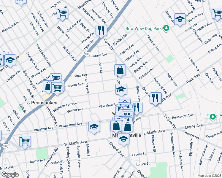 map of restaurants, bars, coffee shops, grocery stores, and more near 23 West Cedar Avenue in Merchantville