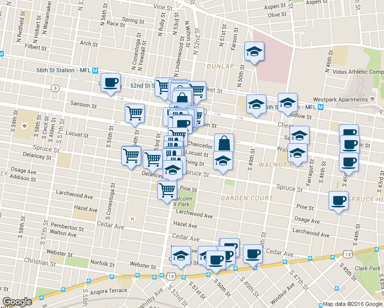 map of restaurants, bars, coffee shops, grocery stores, and more near 5126 Locust Street in Philadelphia