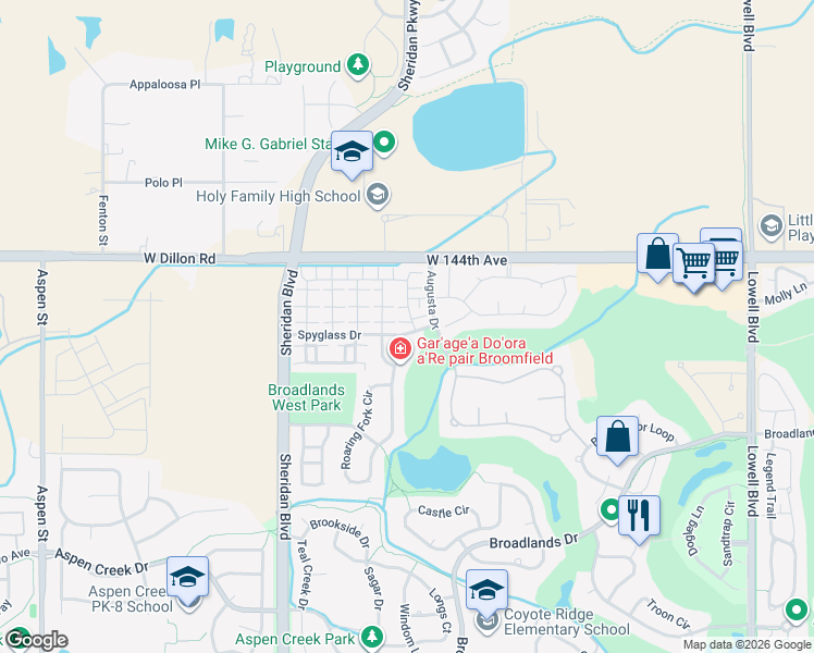 map of restaurants, bars, coffee shops, grocery stores, and more near 4801 Spyglass Drive in Broomfield