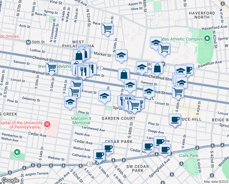 map of restaurants, bars, coffee shops, grocery stores, and more near 4928 Chancellor Street in Philadelphia