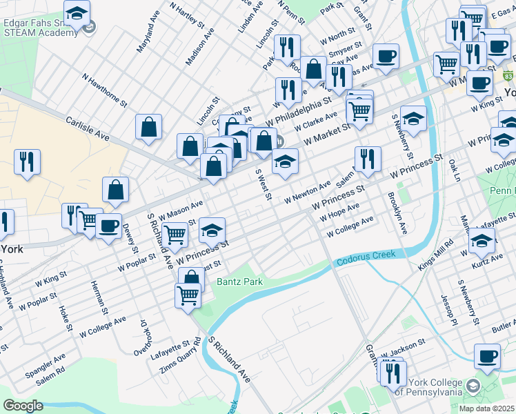 map of restaurants, bars, coffee shops, grocery stores, and more near 609 West Poplar Street in York