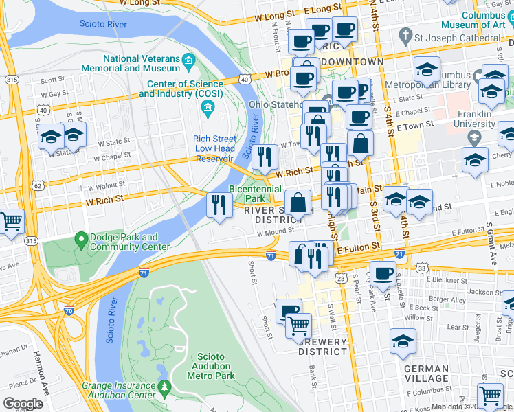map of restaurants, bars, coffee shops, grocery stores, and more near West Main Street in Columbus