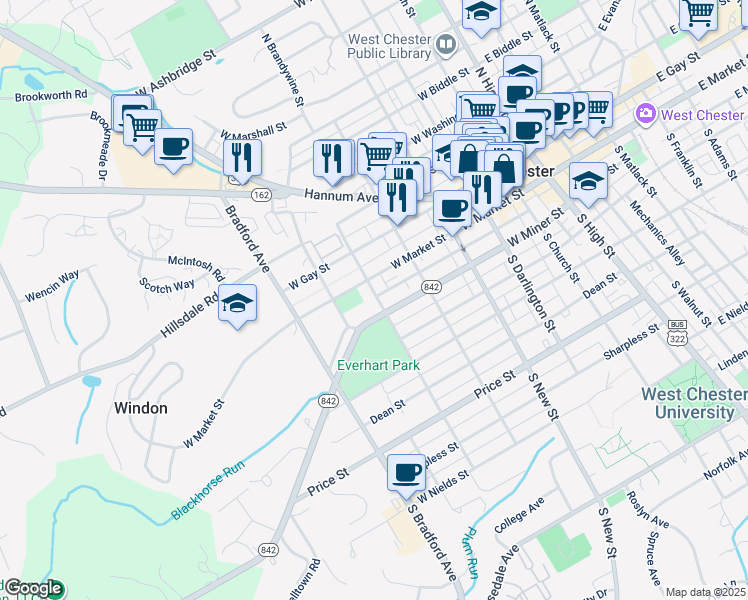 map of restaurants, bars, coffee shops, grocery stores, and more near 22 South Brandywine Street in West Chester
