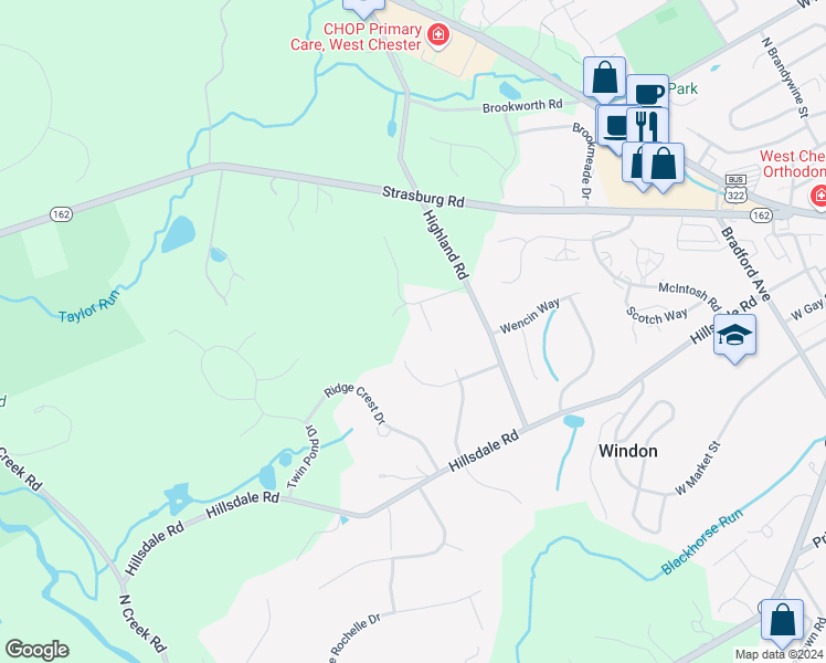 map of restaurants, bars, coffee shops, grocery stores, and more near 300 Highview Circle in West Chester