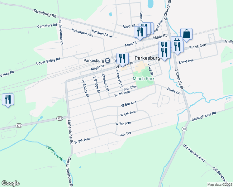 map of restaurants, bars, coffee shops, grocery stores, and more near 525 West 4th Avenue in Parkesburg