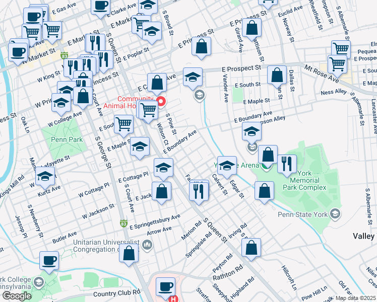 map of restaurants, bars, coffee shops, grocery stores, and more near 307 East Cottage Place in York