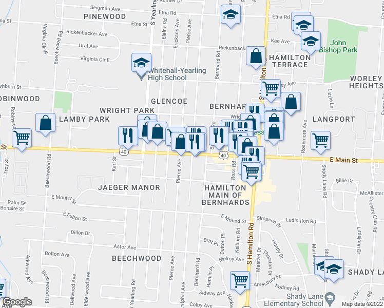 map of restaurants, bars, coffee shops, grocery stores, and more near Westphal Avenue in Columbus