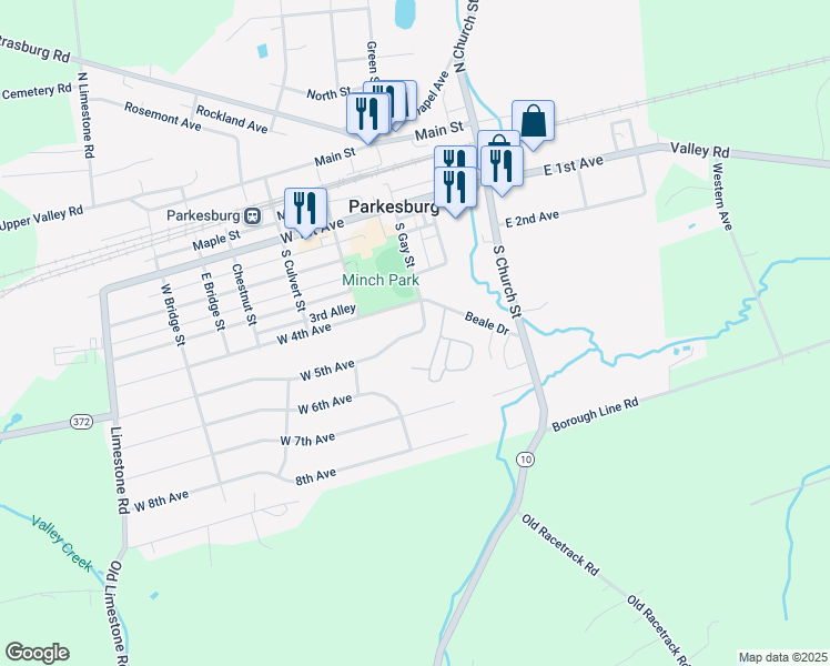 map of restaurants, bars, coffee shops, grocery stores, and more near 300 West 5th Avenue in Parkesburg
