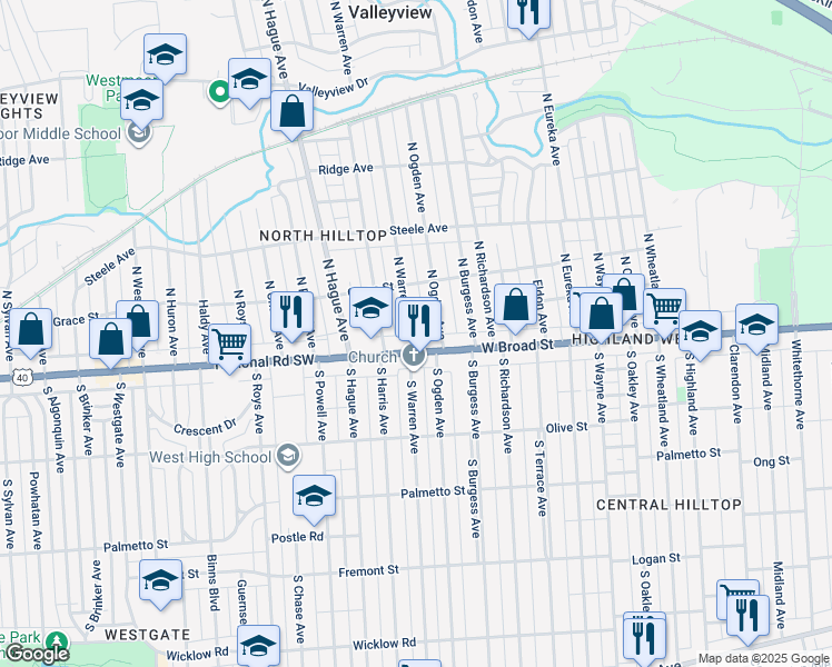 map of restaurants, bars, coffee shops, grocery stores, and more near 22 North Warren Avenue in Columbus