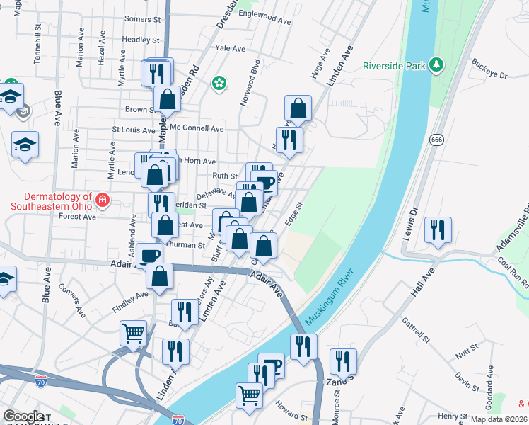 map of restaurants, bars, coffee shops, grocery stores, and more near 1329 Central Avenue in Zanesville