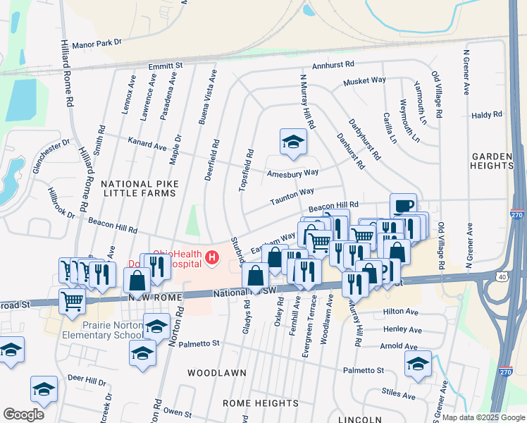 map of restaurants, bars, coffee shops, grocery stores, and more near 4991 Taunton Way in Columbus