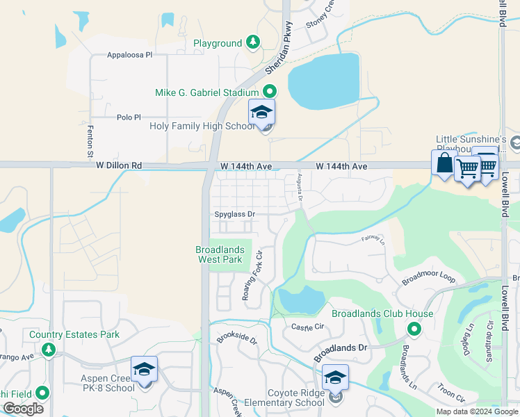 map of restaurants, bars, coffee shops, grocery stores, and more near 4925 Spyglass Drive in Broomfield