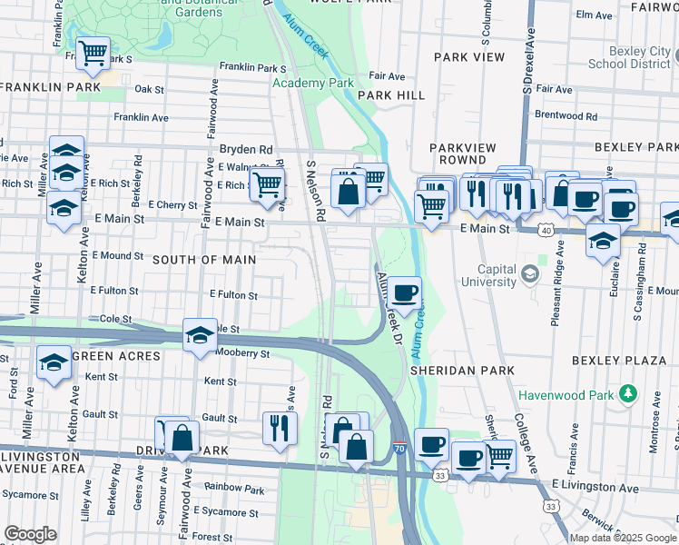 map of restaurants, bars, coffee shops, grocery stores, and more near 572 South Nelson Road in Columbus